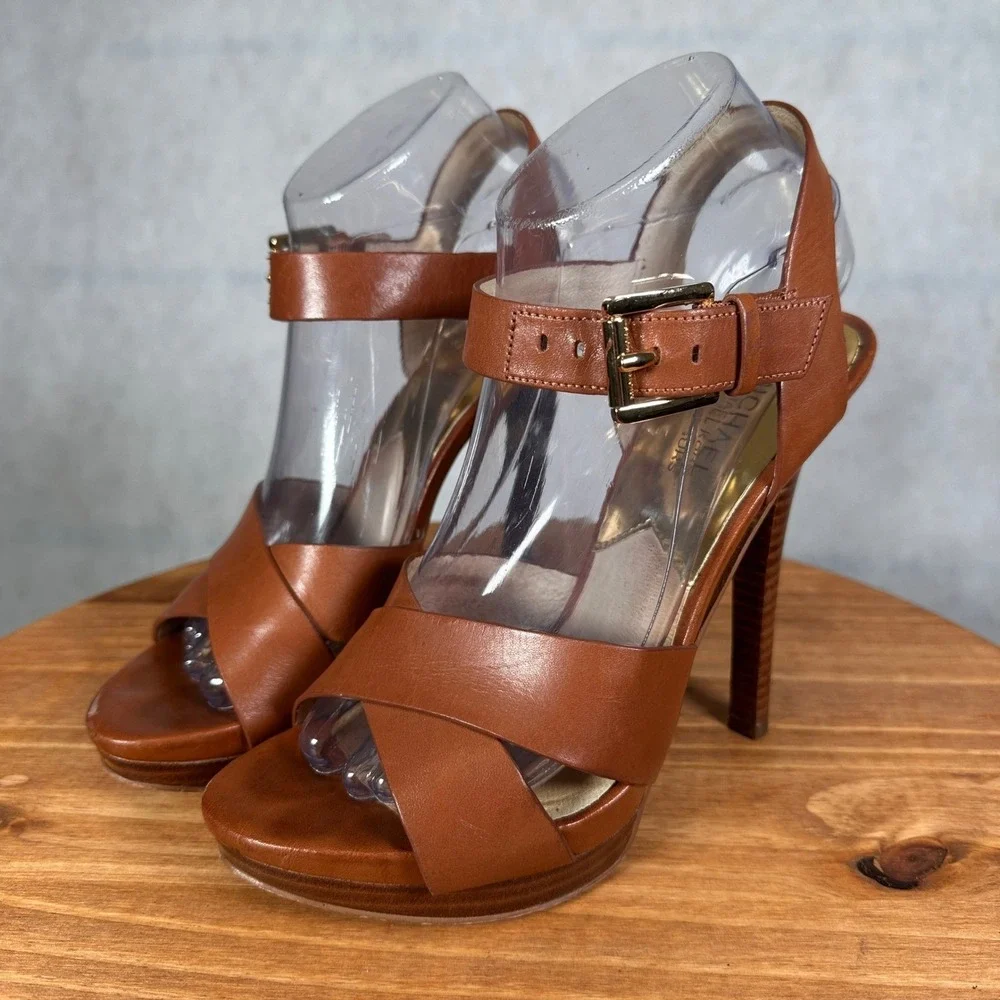 Michael Kors Platform Sandals Womens 8M Brown Good Leather Ankle Strap ST15A